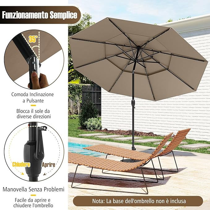 Ombrellone da Patio 313 cm con 32 Luci LED, Tetto Ventilato a 3 Piani, Inclinazioni Regolabili, Manovella, 8 Stecche, Ombrellone da Giardino, Piscina, Spiaggia