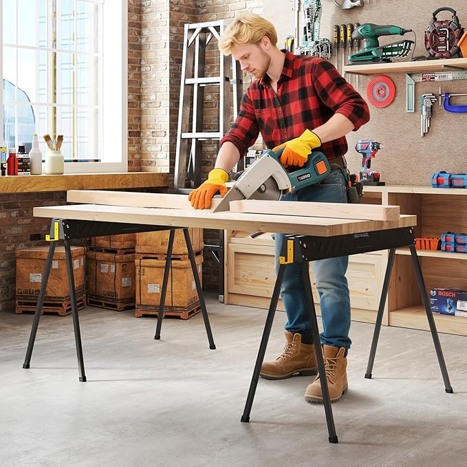 Set di 2 Cavalletti da Lavoro, Cavalletti Pieghevoli e Portatili in Metallo Resistente con Bracci di Supporto Rimovibili 2 x 4, Portata 1000 kg, Supporto per Sega per Officina