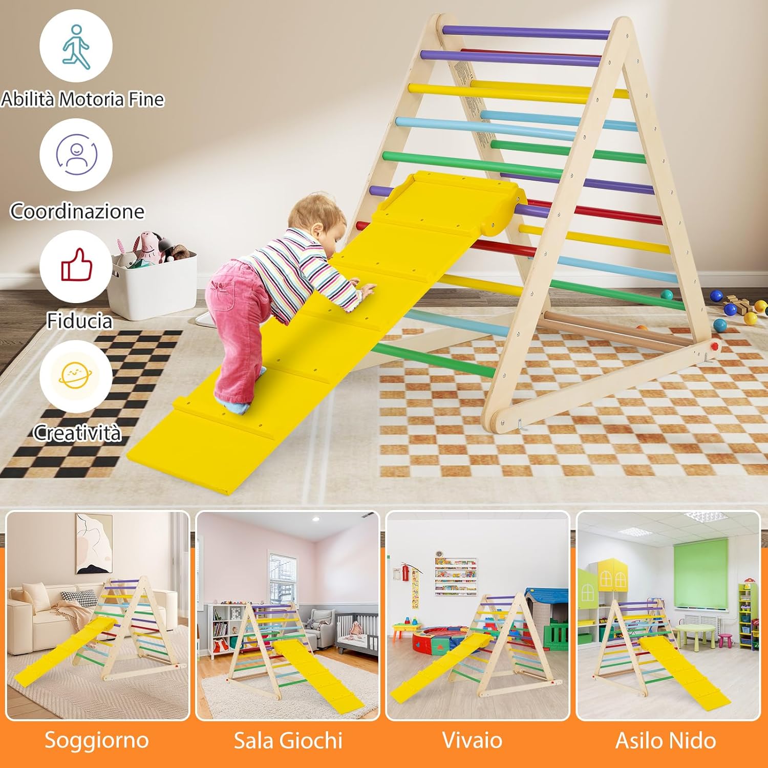 Arrampicata per Bambini, Triangolo da Arrampicata in Legno con Scivolo, Scala Giochi Pieghevole per Bambini 3+ Anni, Carico 60 kg (colorato)