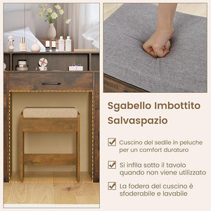 Toeletta da Trucco con 10 Luci, Set Tavolo e Sgabello da Trucco con Stazione di Ricarica, 3 Colori di Luce, 3 Cassetti, 2 Armadietti, Consolle Toeletta per Soggiorno Camera da Letto (Caffè)