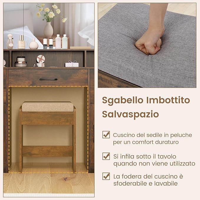 Toeletta da Trucco con 10 Luci, Set Tavolo e Sgabello da Trucco con Stazione di Ricarica, 3 Colori di Luce, 3 Cassetti, 2 Armadietti, Consolle Toeletta per Soggiorno Camera da Letto (Caffè)