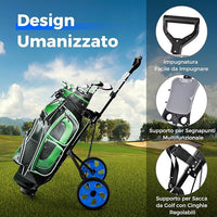 Carrello da Golf Pieghevole con 2 Ruote, Carrello da Golf in Ferro con Tabellone Segnapunti, 140 x 63,5 x 113 cm, Nero(Blu)