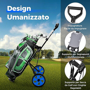 Carrello da Golf Pieghevole con 2 Ruote, Carrello da Golf in Ferro con Tabellone Segnapunti, 140 x 63,5 x 113 cm, Nero(Blu)