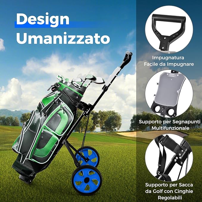 Carrello da Golf Pieghevole con 2 Ruote, Carrello da Golf in Ferro con Tabellone Segnapunti, 140 x 63,5 x 113 cm, Nero(Blu)