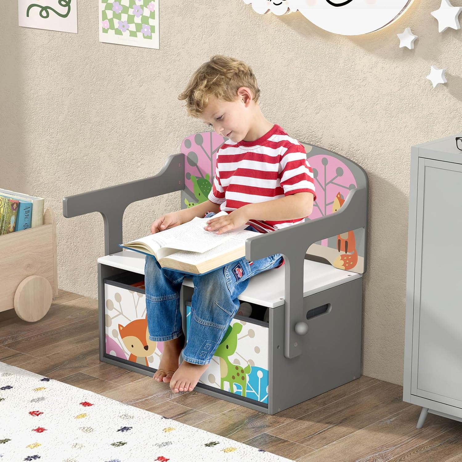 Cassapanca Contenitore 3 in 1 per Bambini Trasformabile in Legno con 2 Cassetti in Tessuto, Tavolo bambini con Sedie Multifunzione, Scatola dei Giocattoli per 3-7 Anni (Grigio)