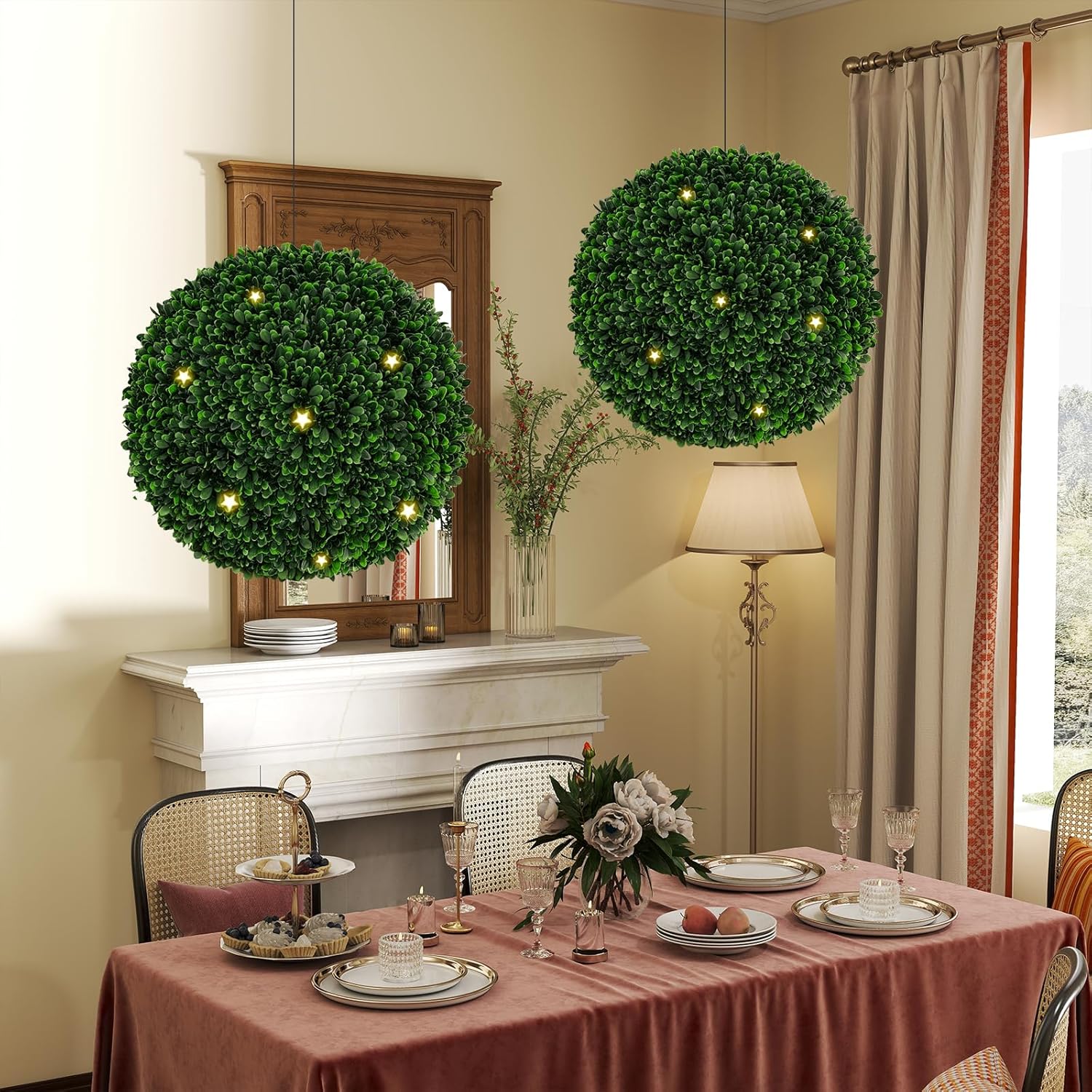 Set di 2 Sfere Topiarie Artificiali da 52 Cm, Piante Finte Sferiche con 20 Fascette, Protette dal Sole, Decorazione da Esterno e Interno per Cortile, Portico, Casa e Festa