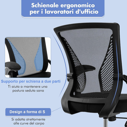 Sedia da Ufficio Ergonomica, Sedia Girevole Regolabile con Braccioli Ribaltabili, Schienale Oscillante a 30° e Supporto Dorsale a 2 Parti, Sedia Traspirante per Computer da Scrivania, Nera