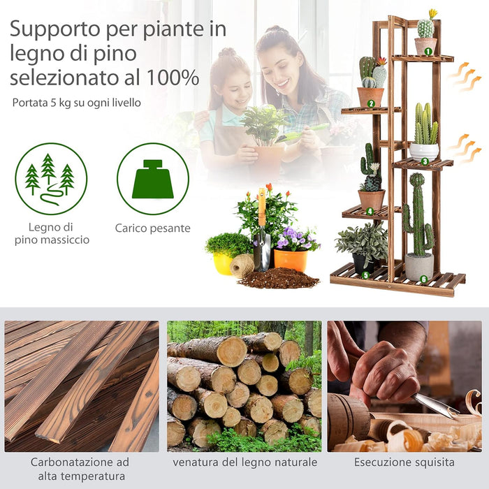 Scaffale per Piante da Interno ed Esterno, Porta Fiori di Legno a 5/6 Livelli, Porta Vasi per Giardino, Balcone e Soggiorno (5 livelli)