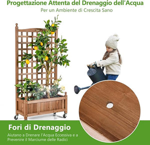 Fioriera in Legno Massiccio con Traliccio, Letto per Piante Rampicanti con Grigliato, Ruote Bloccabili e Foro di Drenaggio, Fioriera da Giardino, Terrazza e Cortile