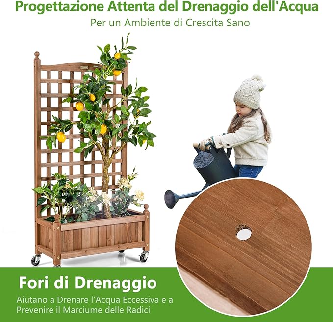 Fioriera in Legno Massiccio con Traliccio, Letto per Piante Rampicanti con Grigliato, Ruote Bloccabili e Foro di Drenaggio, Fioriera da Giardino, Terrazza e Cortile