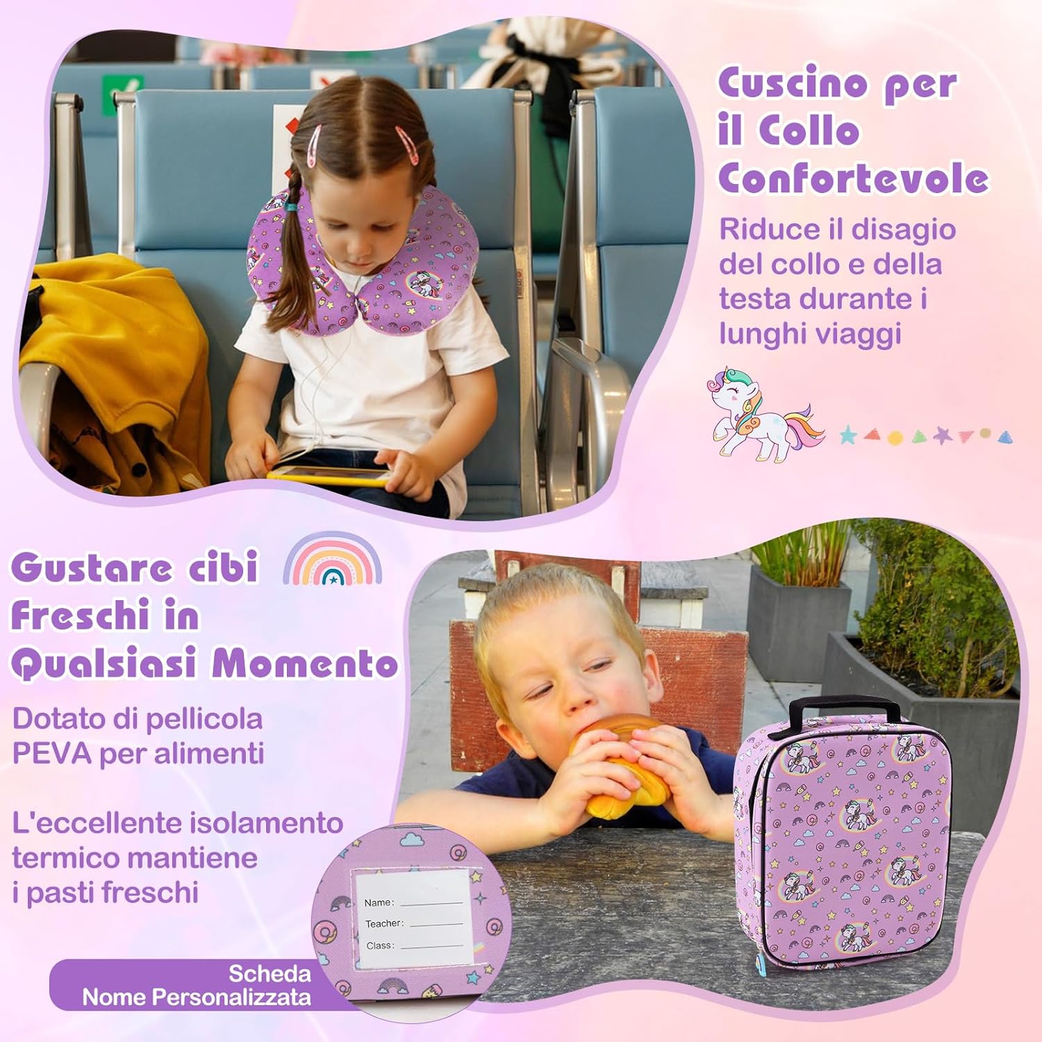 5 Pezzi Valigia per Bambini, Valigia con ManicoTelescopico da 16" con 13" Zainetto, Cuscino per Il Collo, Etichetta per Bagaglio, Borsa per Il Pranzo, con Ruote Girevoli a 360 ° (Modello 1)