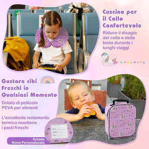 5 Pezzi Valigia per Bambini, Valigia con ManicoTelescopico da 16" con 13" Zainetto, Cuscino per Il Collo, Etichetta per Bagaglio, Borsa per Il Pranzo, con Ruote Girevoli a 360 ° (Modello 1)
