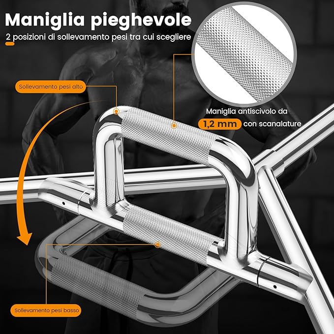 Barra della Trappola Olimpica, Olympic Hex Trap Bar in Acciaio con Maniglie Piegehvole, Barra Sollevamento Pesi, Capacità di Carico 226 kg(Argento)