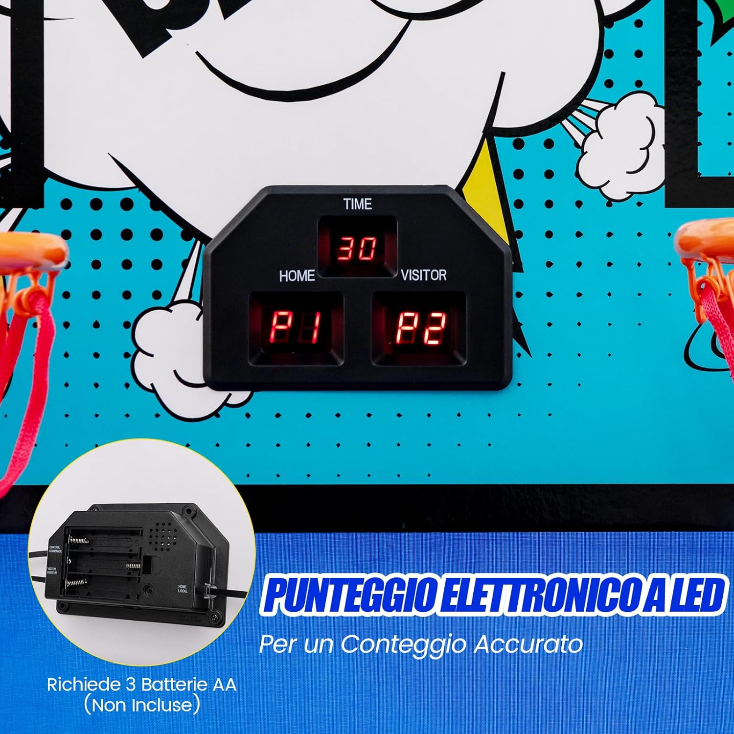 Macchina da Pallacanestro Elettronica Pieghevole, Gioco Arcade da Basket a Doppio Tiro per Casa con 8 Modalità di Gioco, Suono Arcade, Punteggio Elettronico, 4 Palloni e Pompa (Azzurro)