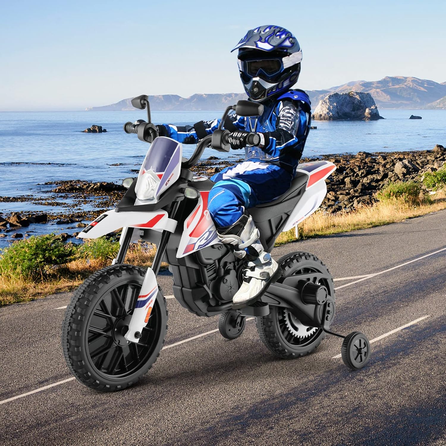 12V Aprilia Moto Cavalcabile per Bambini, Motocicletta Elettrica con Ruote Ausiliarie e Musica Wireless, Sospensione a Molla, Moto Elettrica alla Moda per Bambini 3-8 Anni (Bianco)