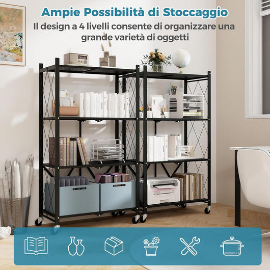 Scaffale di Stoccaggio Pieghevole a 4 Livelli, Carrello di Stoccaggio con Ruote Bloccabili, Unità di Ripiano in Metallo Robusta per Cucina Soggiorno Garage, 71x34x126 cm