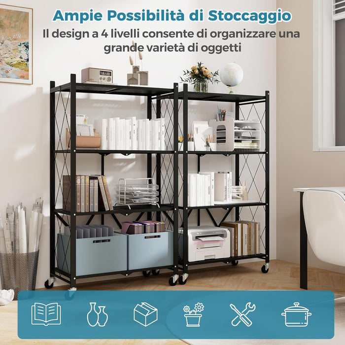 Scaffale di Stoccaggio Pieghevole a 4 Livelli, Carrello di Stoccaggio con Ruote Bloccabili, Unità di Ripiano in Metallo Robusta per Cucina Soggiorno Garage, 71x34x126 cm
