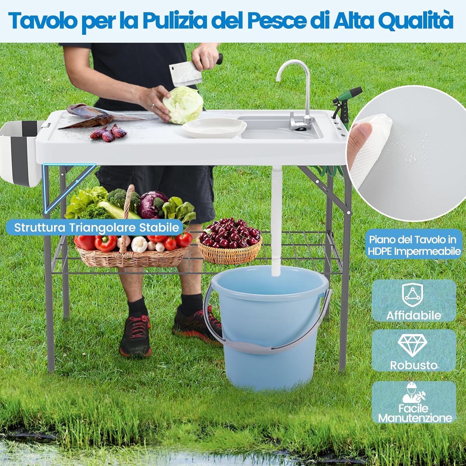 Tavolo da Pulizia del Pesce Pieghevole, Stazione di Lavoro da Esterno 2 in 1 con Lavello, Tavolo da Campeggio con Lavandino, Ugello a Spruzzo, per Campeggio Picnic