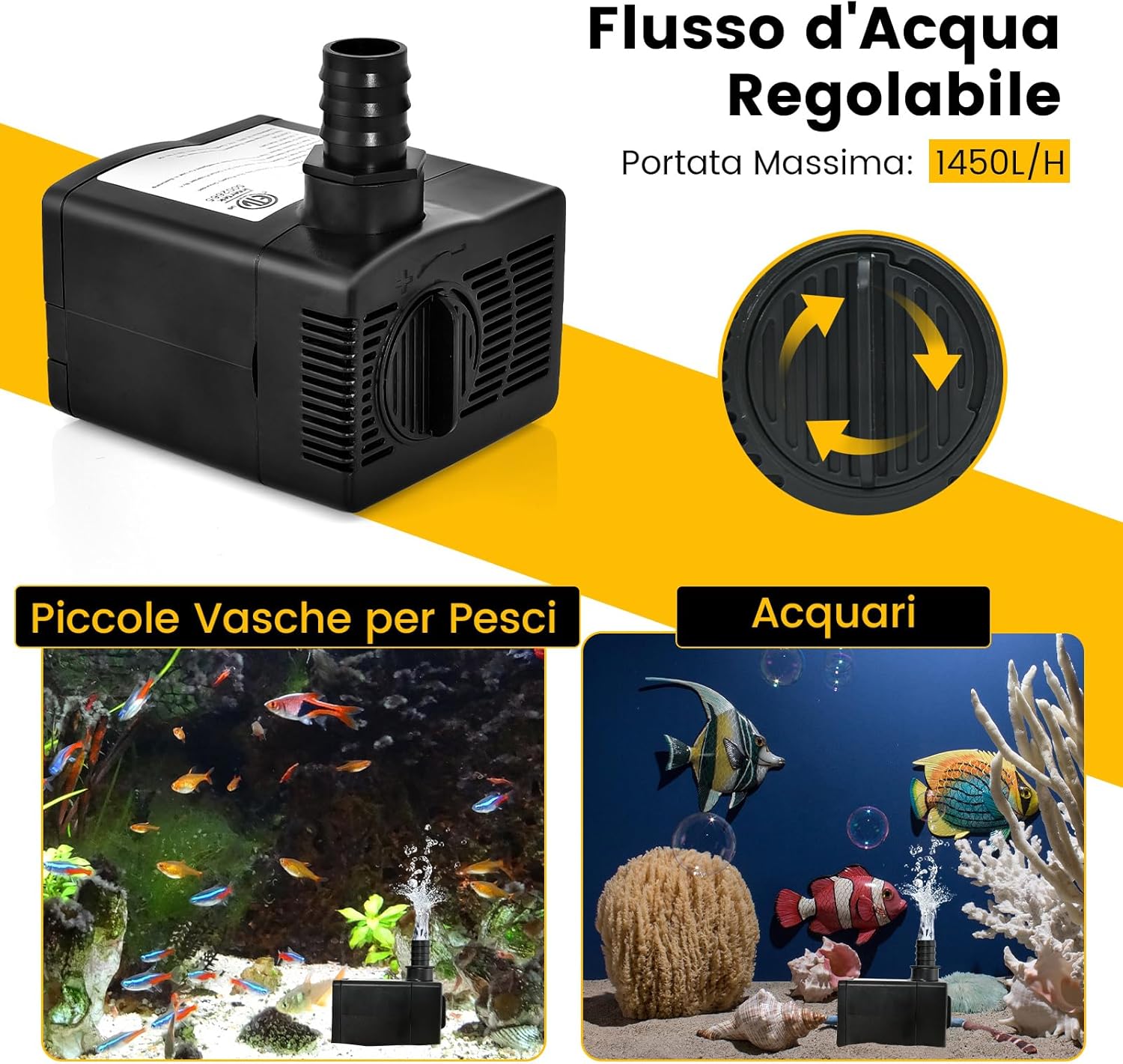 Pompa Sommergibile da 900L/H (22W)/1450L/H (30W), Pompa per Fontane con Sollevamento di 2,2/2,5 Metri, Cavo di Alimentazione da 1,83 Metri e 3 Ugelli per Acquari Idroponica Laghetto (1450L/H)