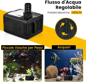 Pompa Sommergibile da 900L/H (22W)/1450L/H (30W), Pompa per Fontane con Sollevamento di 2,2/2,5 Metri, Cavo di Alimentazione da 1,83 Metri e 3 Ugelli per Acquari Idroponica Laghetto (1450L/H)