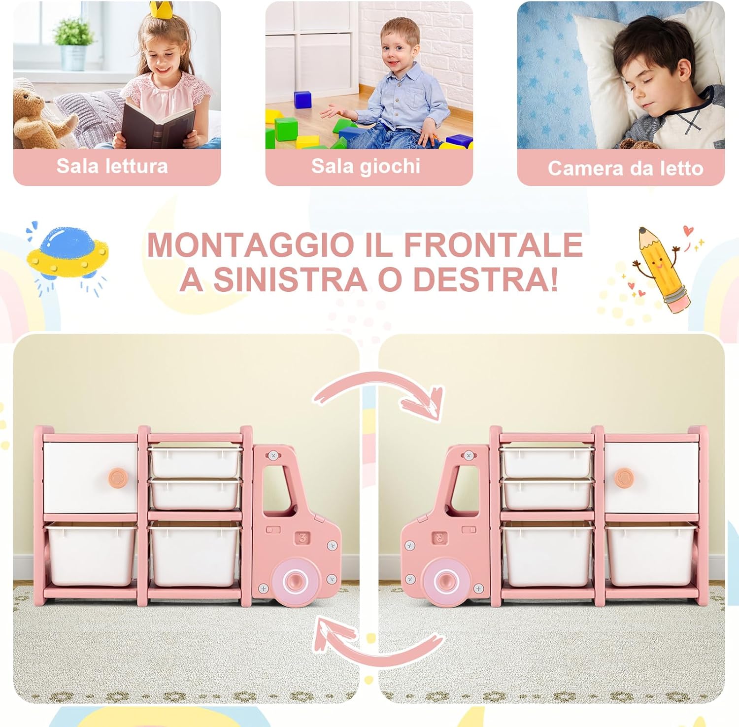 Organizer per Giocattoli con Scatole per Bambini, Scaffale Multilivello in HDPE a Forma di Camion, Scaffale per Giocattoli con 2 Livelli e 4 Scompartimenti per Bambini (Rosa)