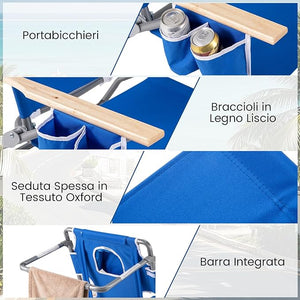 Sedia da Spiaggia Pieghevole 3 in 1, con Foro per il Viso, Poggiapiedi, Schienale Regolabile, Cuscino, Poltrona Prendisole per Spiaggia, Campeggio, Bordo, Piscina, Portata 150 kg (Blu)