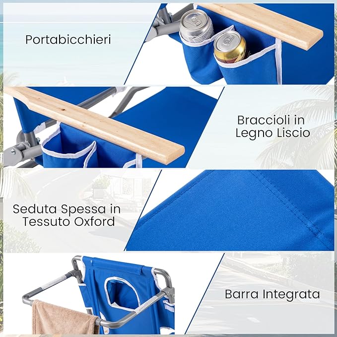 Sedia da Spiaggia Pieghevole 3 in 1, con Foro per il Viso, Poggiapiedi, Schienale Regolabile, Cuscino, Poltrona Prendisole per Spiaggia, Campeggio, Bordo, Piscina, Portata 150 kg (Blu)