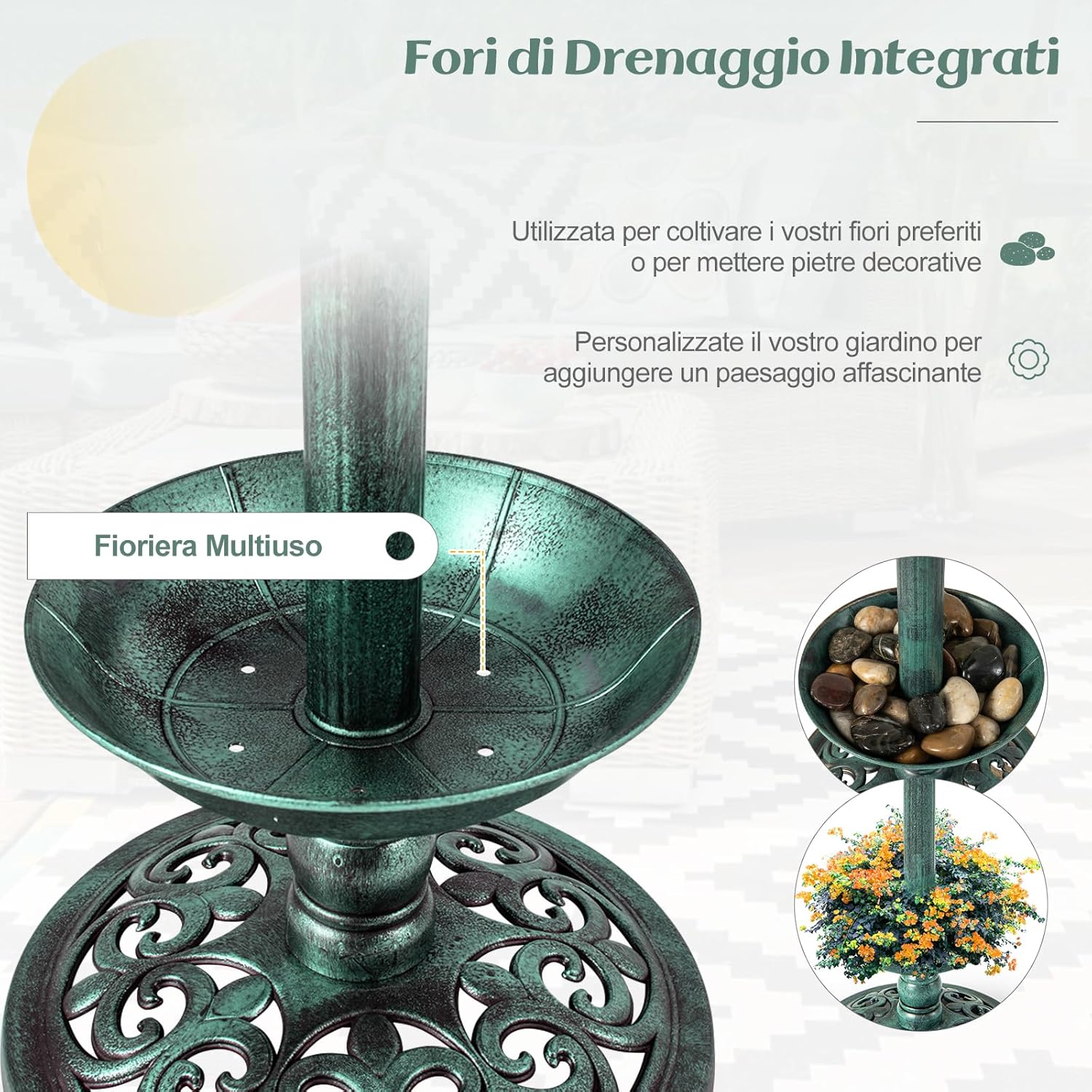 Vasca per Uccelli da Giardino a Energia Solare, Abbeveratoio e Mangiatoia per Uccelli da Esterno con 2 Lampade a Energia Solare, Fioriera e Supporto Riempibile (Bronzo, 43 x 43 x 110 cm)