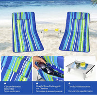 Tappettino da Spiaggia, Set di 2 Tappettini Spiaggia con Tavolino, Materassino Prendisole Pieghevole, Lettino da Spiaggia con Poggiatesta e Schienale Regolabile, Portabile con Tracolla