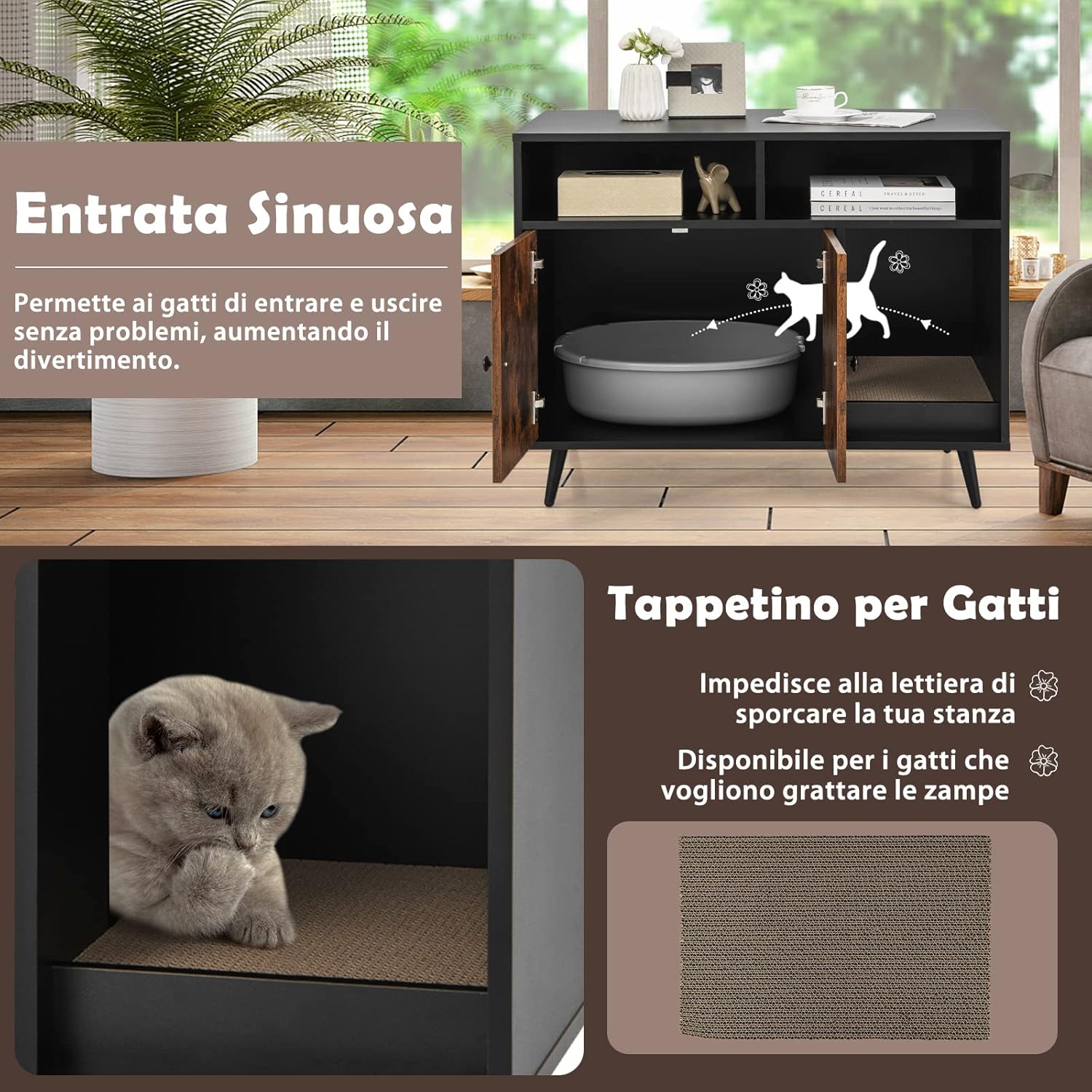 Mobile per Lettiera Gatti con Tira graffi, Gambe Inclinate in Metallo e 2 Ripiani per Riporre gli Oggetti, Casetta in Legno da Interno per Gattini e Gatti Grandi, 90 x 50 x 69 cm