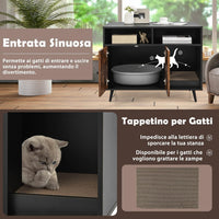 Mobile per Lettiera Gatti con Tira graffi, Gambe Inclinate in Metallo e 2 Ripiani per Riporre gli Oggetti, Casetta in Legno da Interno per Gattini e Gatti Grandi, 90 x 50 x 69 cm