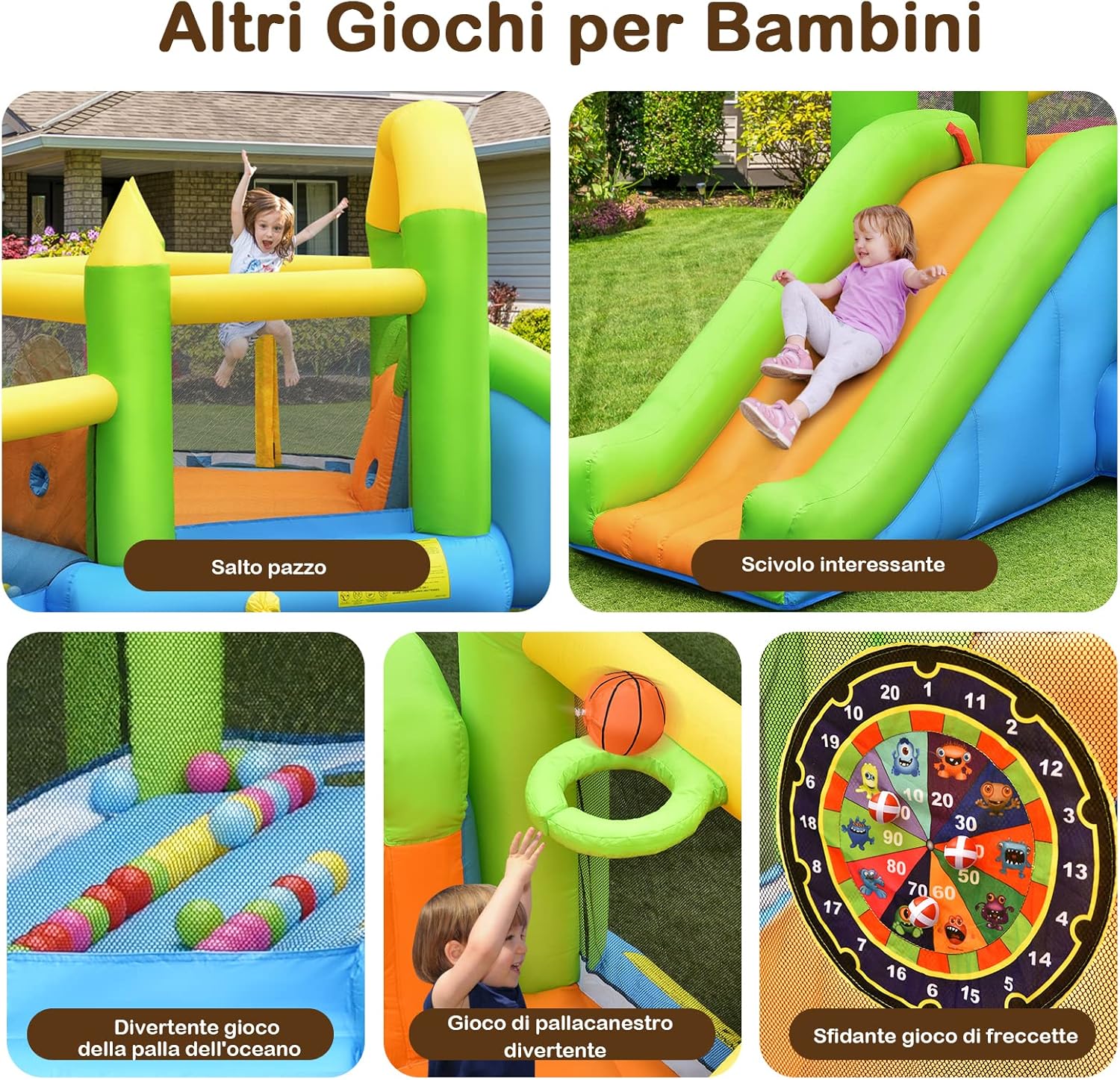 Castello Gonfiabile 5 in 1 per Bambini, Gonfiabile con Scivolo, Trampolino, Piscina di Palline, Canestro e Palla Basket, Borsa di Trasporto, 477x241x208 cm (Senza soffiatore)