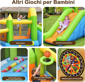 Castello Gonfiabile 5 in 1 per Bambini, Gonfiabile con Scivolo, Trampolino, Piscina di Palline, Canestro e Palla Basket, Borsa di Trasporto, 477x241x208 cm (Senza soffiatore)