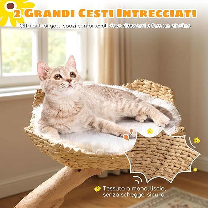 Albero per Gatti, Tiragraffi per Gattini Alta 122 cm con Ramo in Legno con Piattaforma a Fiore, 2 Cesti in Rattan, Pali Tiragraffi in Juta e Pallina Pendente, Mobile per Gatti da Interno