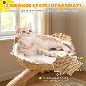 Albero per Gatti, Tiragraffi per Gattini Alta 122 cm con Ramo in Legno con Piattaforma a Fiore, 2 Cesti in Rattan, Pali Tiragraffi in Juta e Pallina Pendente, Mobile per Gatti da Interno