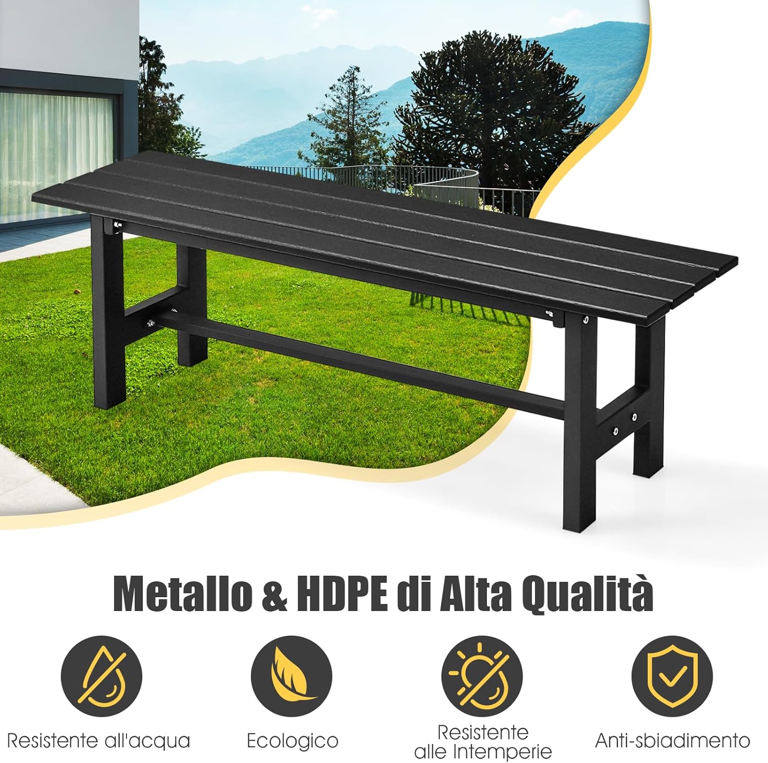 Panchina da Esterno con Sedile HDPE, Panca da Giardino con Telaio in Metallo Verniciato a Polvere, Panchina da Giardino, Parco e Balcone, Portata 300 kg, 120 x 36 x 40,5 cm (Black)