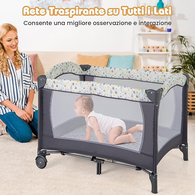 4 in 1 Lettino da Campeggio per Bambini, Lettino Pieghevole con Materasso, Box Bambini Portatile con Borsa, Culla Lettino con Fasciatoio, Ruote, Portata 15 kg, 102 x 72 x 74 cm (Grigio+Beige)