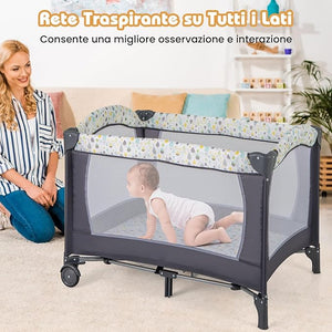 4 in 1 Lettino da Campeggio per Bambini, Lettino Pieghevole con Materasso, Box Bambini Portatile con Borsa, Culla Lettino con Fasciatoio, Ruote, Portata 15 kg, 102 x 72 x 74 cm (Grigio+Beige)