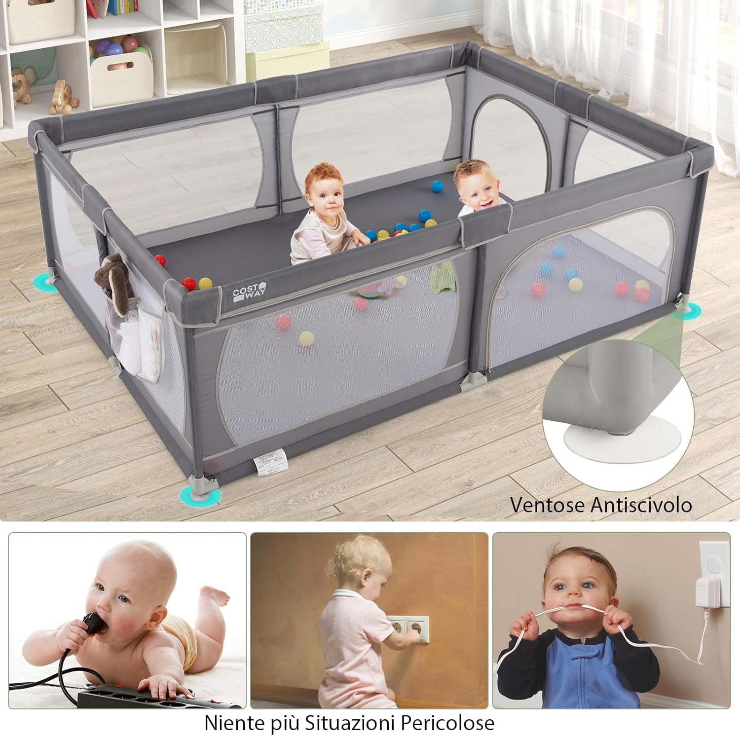 Recinto per Bambini, Box per Bambini con Rete Traspirante, Centro Attività per Bambini con 50 Palline, Box Giochi per Bambini 0-3 Anni (Grigio Scuro, 206 x 147 cm)