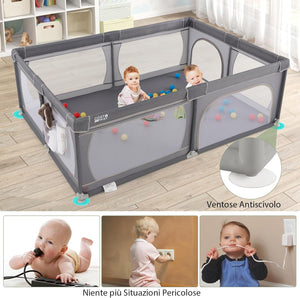 Recinto per Bambini, Box per Bambini con Rete Traspirante, Centro Attività per Bambini con 50 Palline, Box Giochi per Bambini 0-3 Anni (Grigio Scuro, 206 x 147 cm)