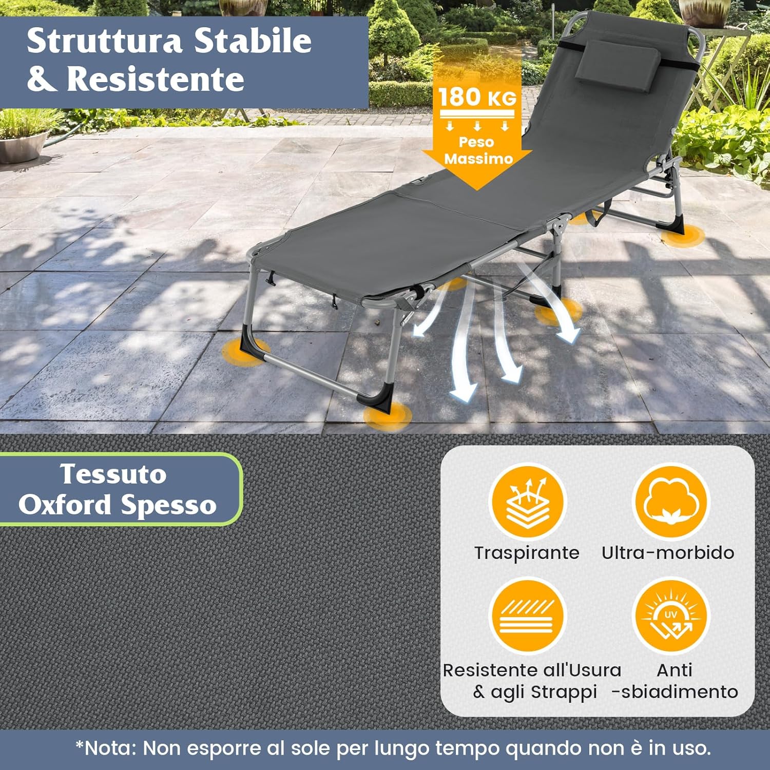 Lettino Prendisole Pieghevole, Lettino da Spiaggia con Schienale Regolabile, Poggiatesta, Cuscino e Tasca, Sedia a Sdraio per Giardino Piscina, Portata 180 kg (Grigio Scuro)