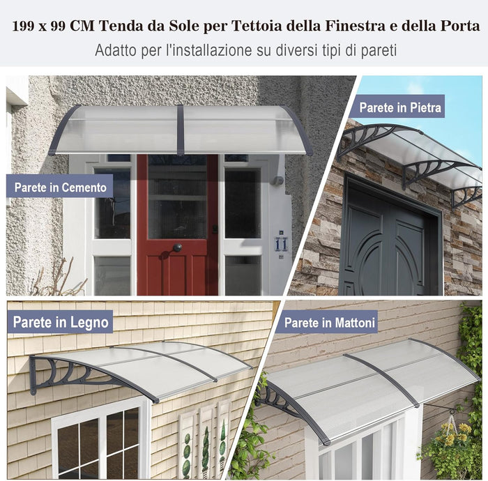 Tettoia per Porta Finestra, Pensilina Tettoia per Porta in Policarbonato, per Protezione da Sole, Pioggia, Neve, per Balcone, Finestre e Porte (Trasparente, 199 x 99 x 28 cm)