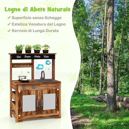 Cucina Giocattolo da Giardino con Lavagna, Cucina in Legno di Abete per Bambini con 4 Vasi da Giardinaggio, Fornelli 4 Accessori per Cucinare, 68 x 35 x 97 cm