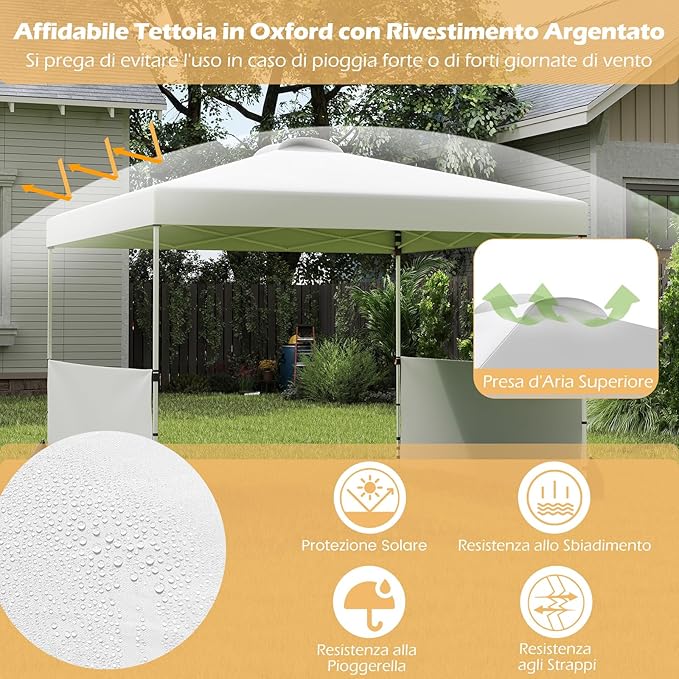 Gazebo Pieghevole 3 x 3 m da Esterno Impermeabile, Gazebo da Esterno con Borsa da Trasporto con Ruote, Tenda Pop-up Regolabile in Altezza per Giardino, Spiaggia, Feste e Barbecue (Bianco)