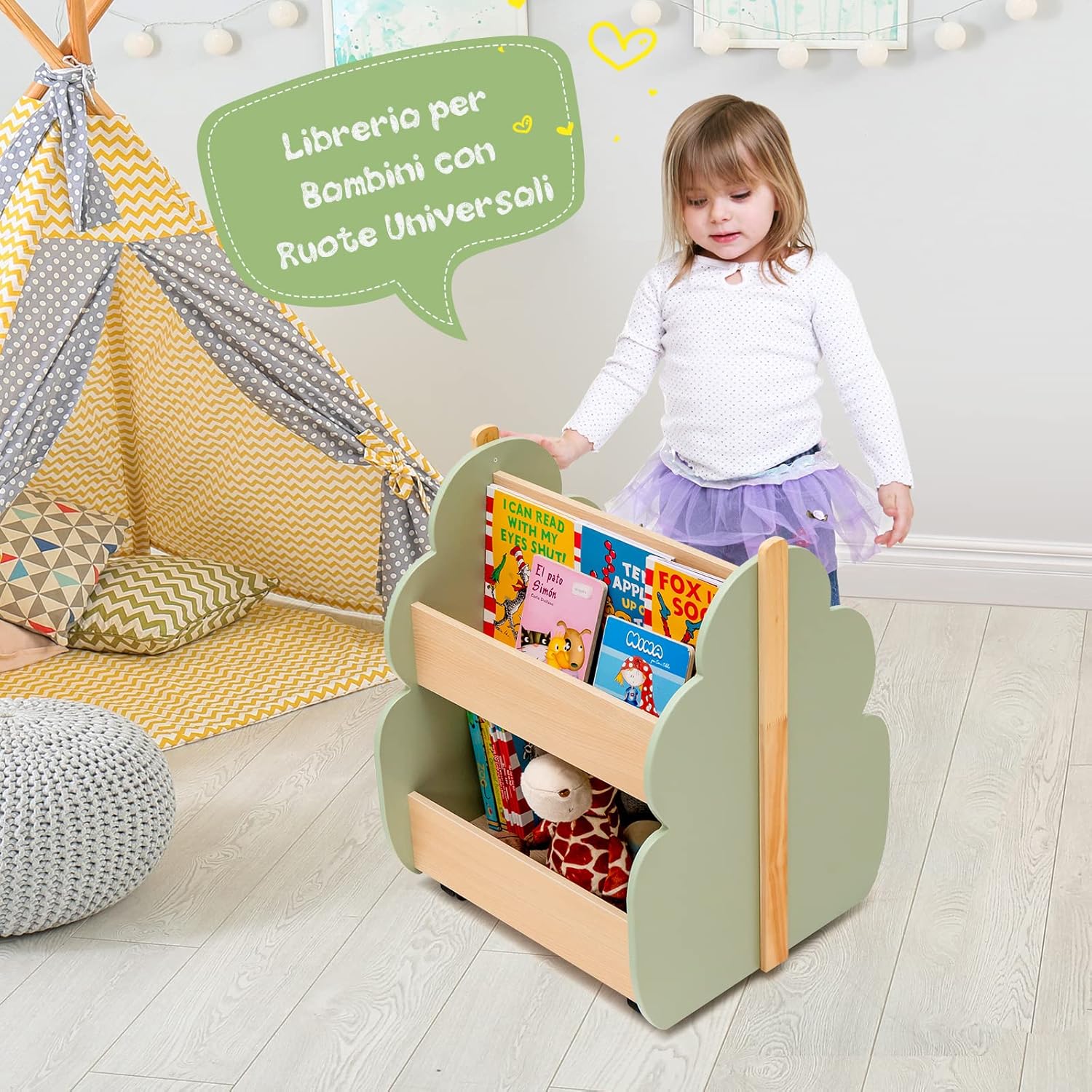 Libreria per Bambini in Legno, Scaffale di Stoccaggio a 2 Livelli per Bambini e Bambine, Organizzatore di Libri e di Giocattoli, Ideale per Caremetta e Nido, 52 x 46 x 62,5 cm (Verde)