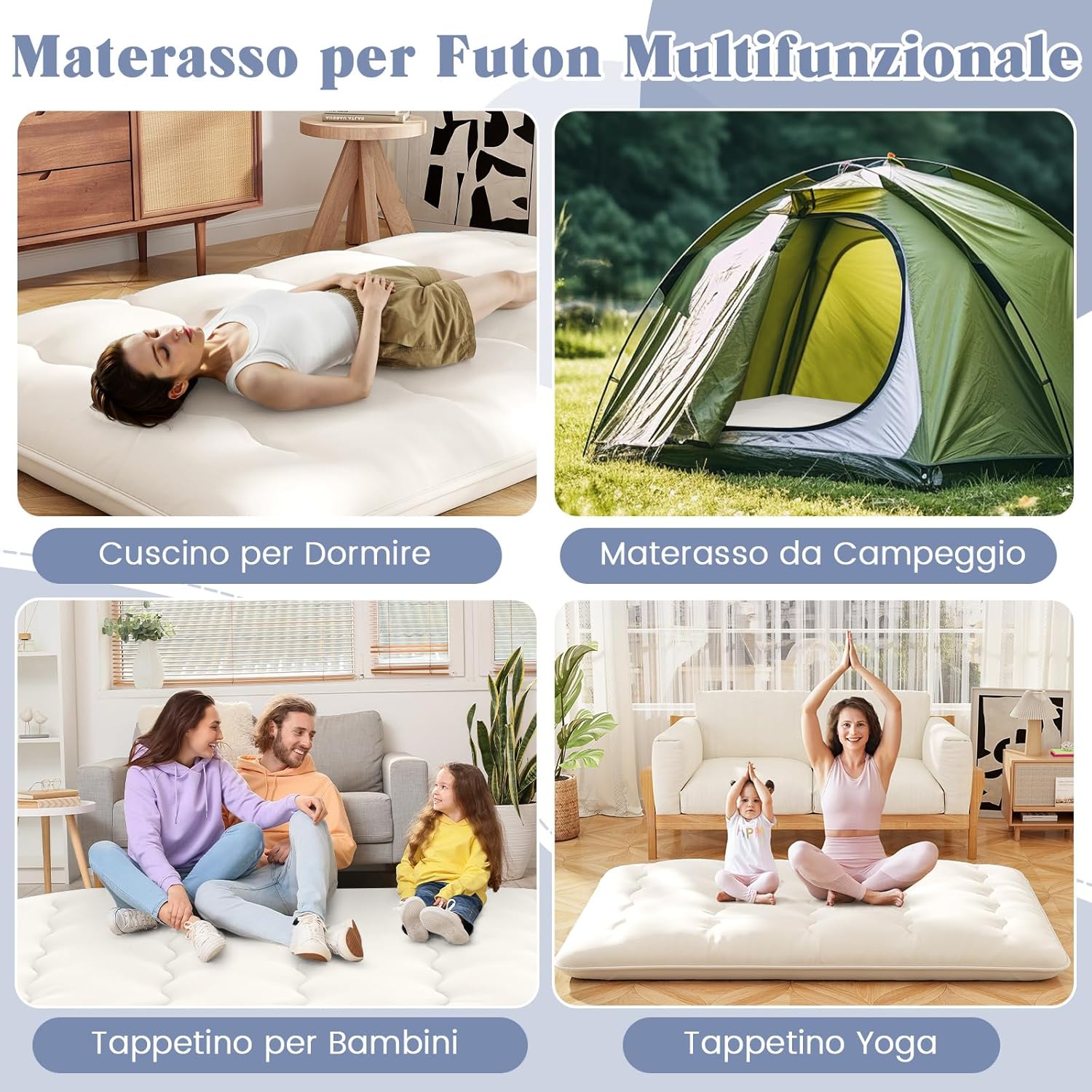 Materasso Futon Pieghevole, Materasso Portatile con Sacca da Trasporto per Camping, Materasso da Terra con Copertura Lavabile (200 x 140 cm, Beige)