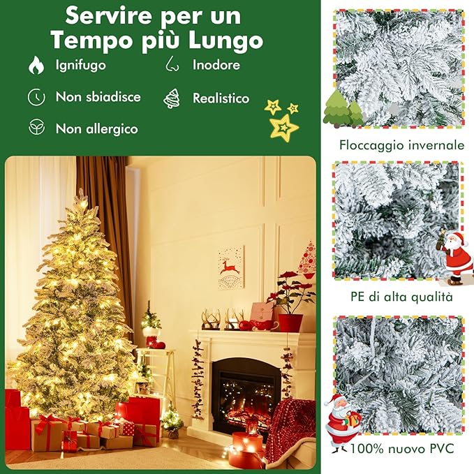 Albero di Natale Innevato 137/180/210 CM, Albero di Natale Artificiale Pre-Illuminato con 120/260/300 Luci LED, 757/1415/1684 Punte e Giunti a Cerniera (180 cm)