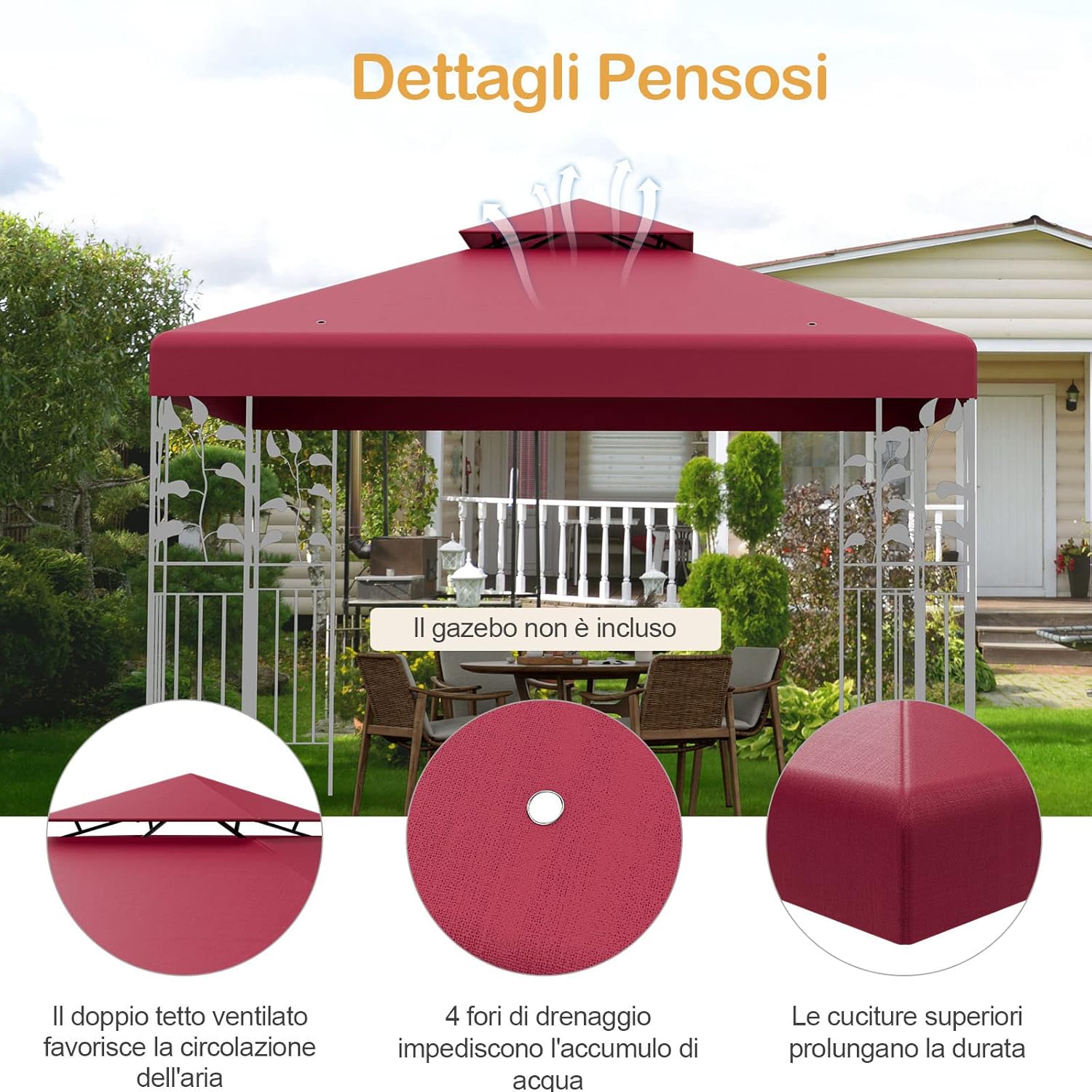 Tettoia di Ricambio per Gazebo da 3 x 3 m, Doppio Strato Superiore, Copertura per Gazebo da Giardino con Gancio e Chiusura a Strappo (Rosso)