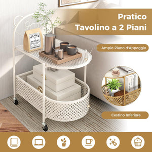 Tavolino da Caffè in Vetro a 2 Livelli, Tavolino Laterale con Ruote Bloccabili, Motivo Orso e Cesta di Stoccaggio, Tavolino per Salotto, Camera da Letto e Studio (Bianco)