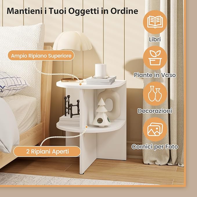Tavolino da Salotto Semicircolare, Tavolino a 2 Ripiani a Forma di Mezzaluna con Ripiani Aperti, Tavolo per Spazi Ridotti da Soggiorno e Camera da Letto, Bianco (1)